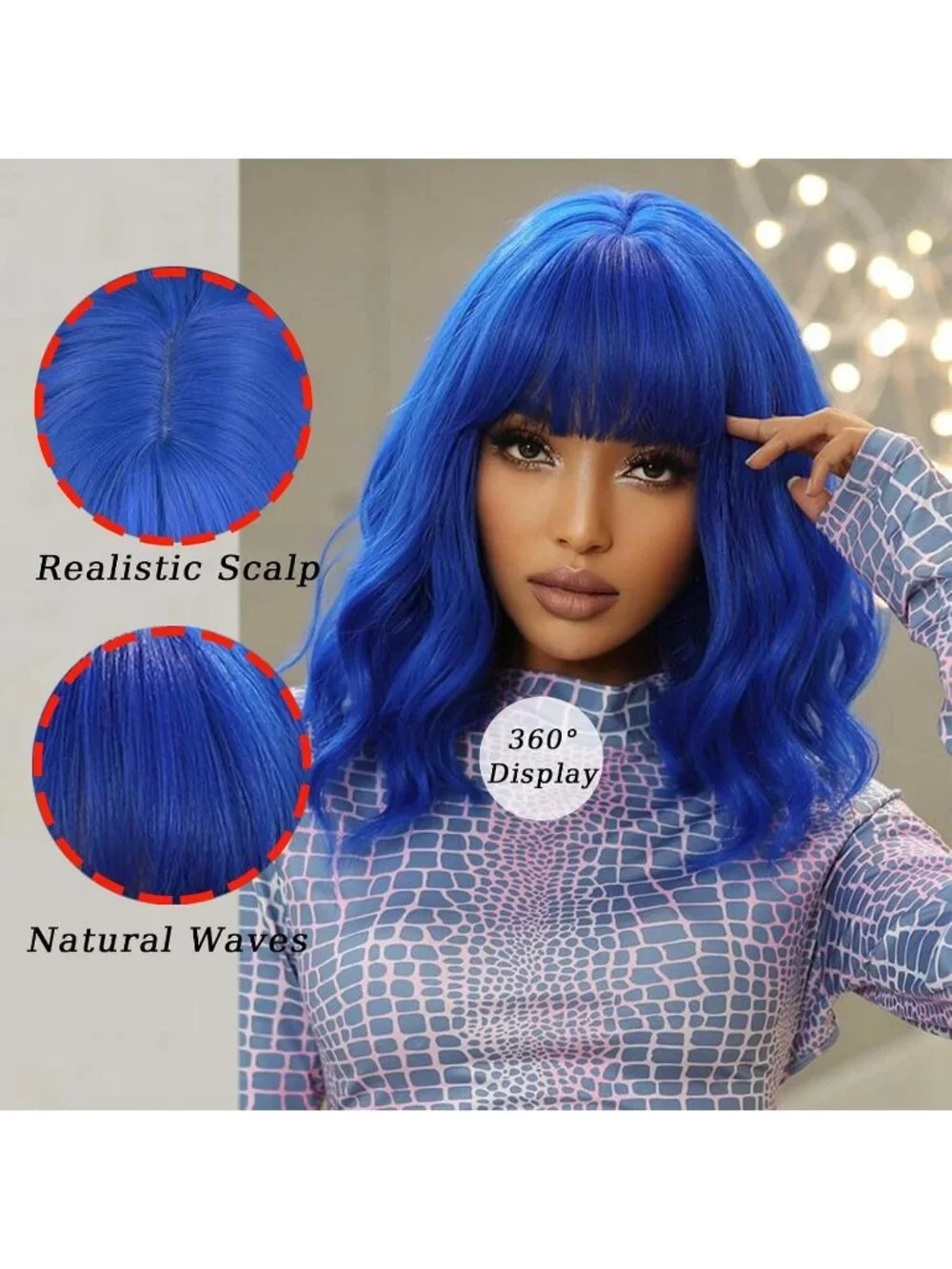 Women's Blue 14 Inch Heat Resistant Short Bangs Bob Modern Wavy Wigs